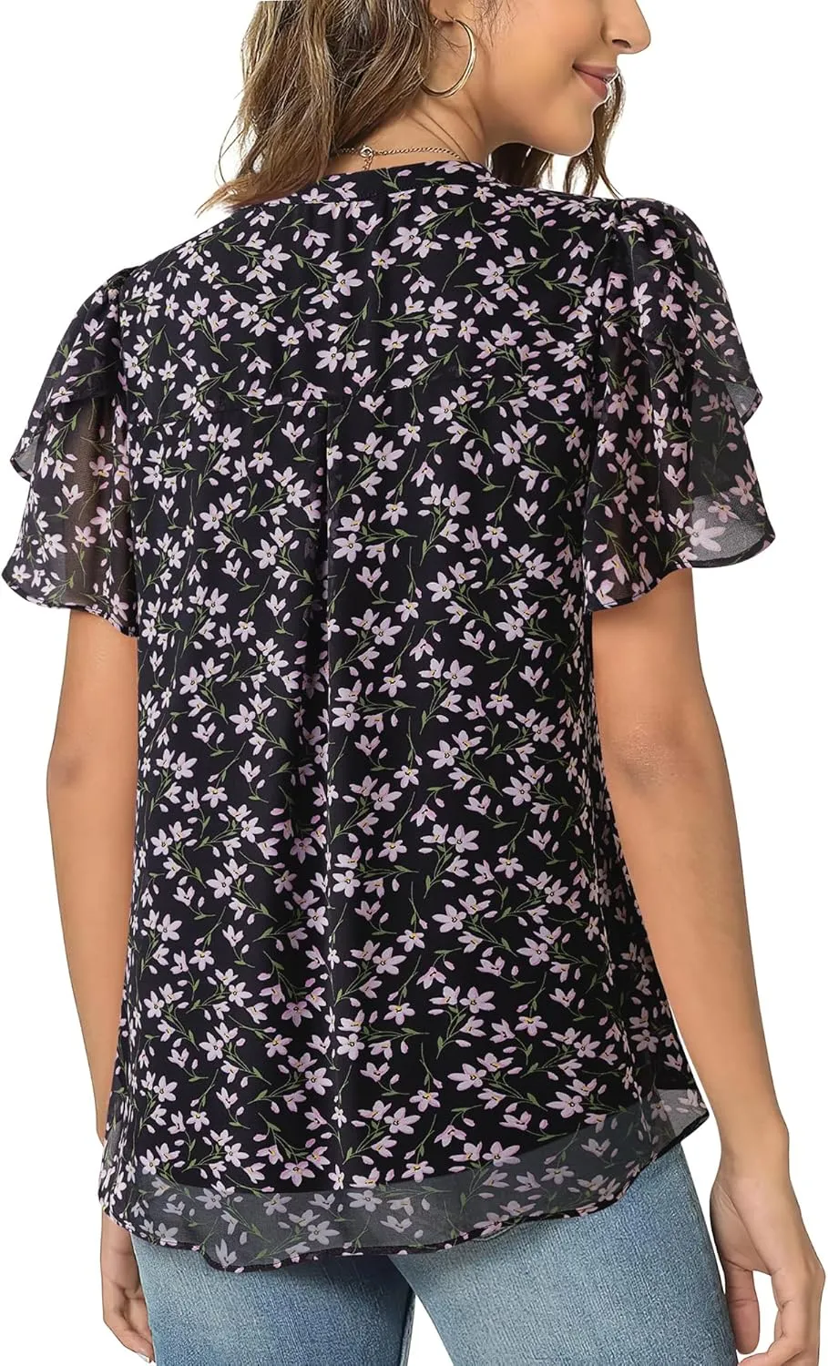 Lotusmile Womens Dressy Chiffon Blouses Summer Puff Petal Short Sleeve Shirts V Neck Casual Work Tops