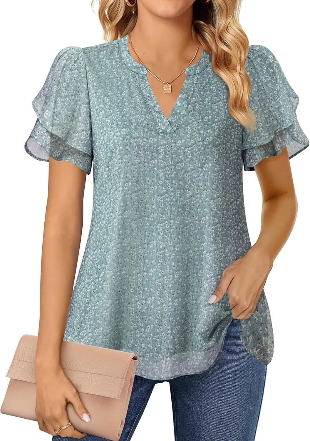 Lotusmile Womens Dressy Chiffon Blouses Summer Puff Petal Short Sleeve Shirts V Neck Casual Work Tops