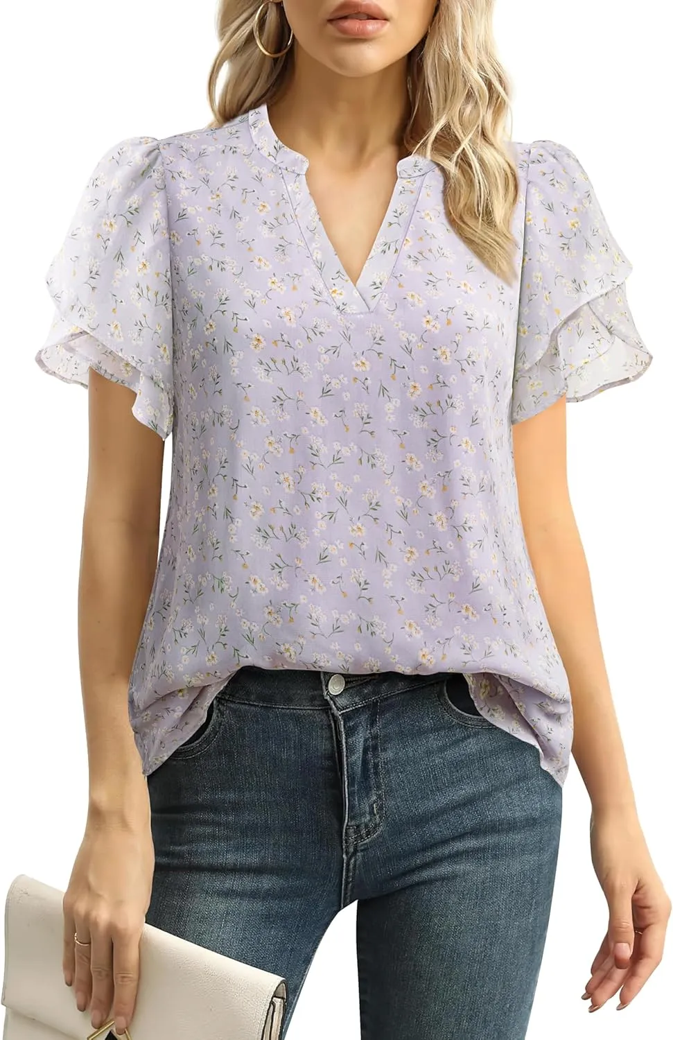 Lotusmile Womens Dressy Chiffon Blouses Summer Puff Petal Short Sleeve Shirts V Neck Casual Work Tops