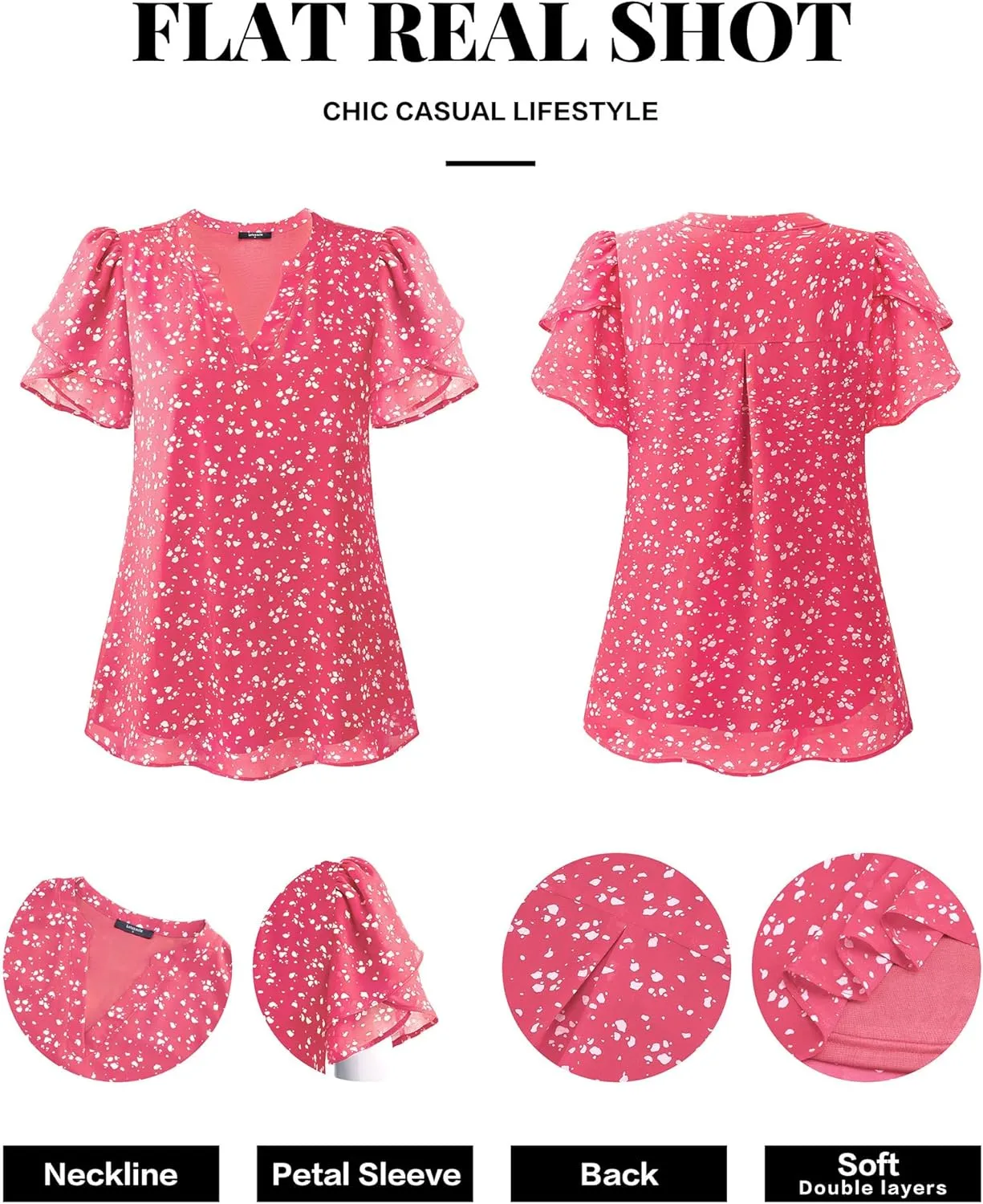 Lotusmile Womens Dressy Chiffon Blouses Summer Puff Petal Short Sleeve Shirts V Neck Casual Work Tops