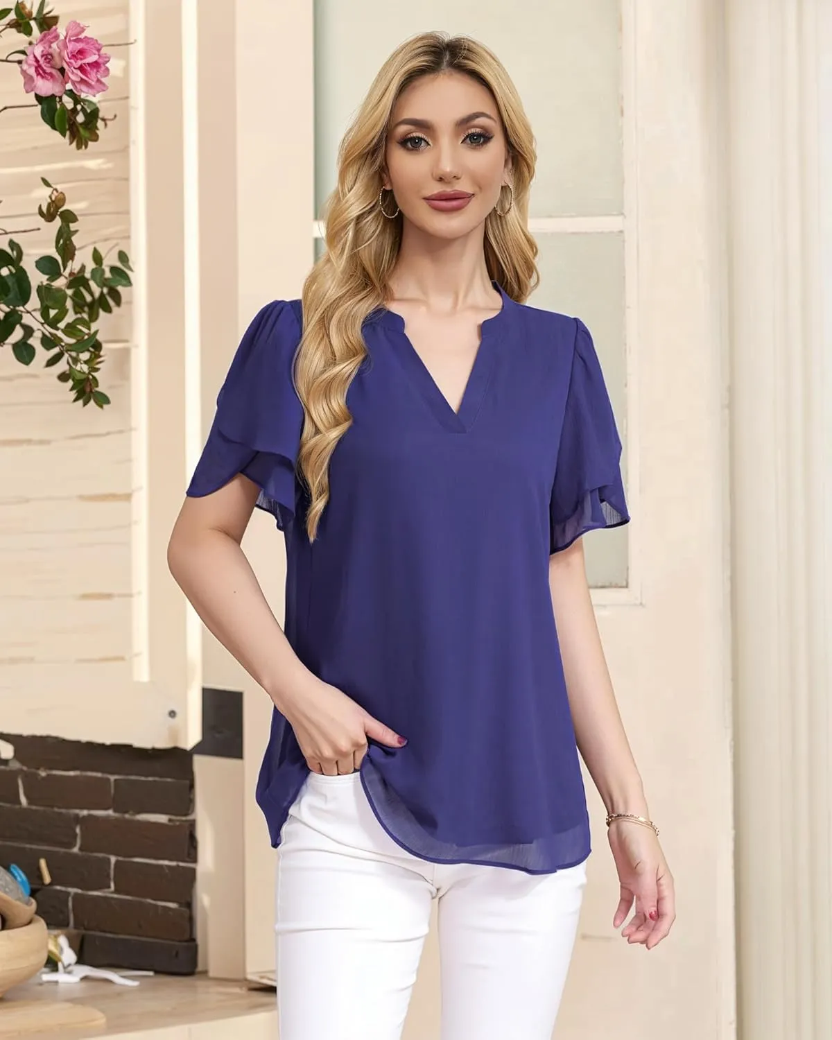 Lotusmile Womens Dressy Chiffon Blouses Summer Puff Petal Short Sleeve Shirts V Neck Casual Work Tops