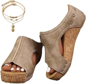 Lumi Cork Wedges & Platform Slides, Women's Thick Sole Slippers Comfy Leather Wedge Non-slip Sandals
