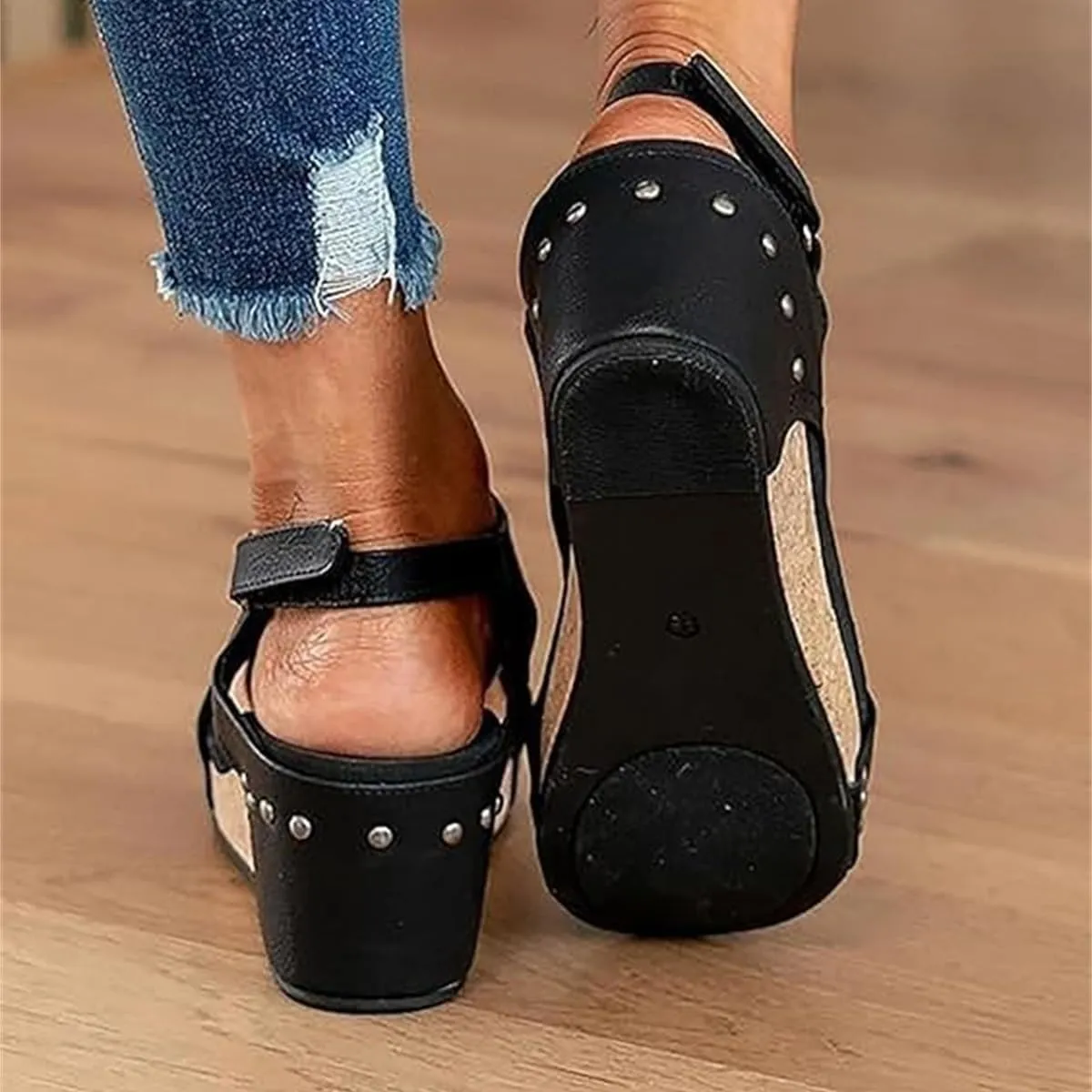 Lumi Cork Wedges & Platform Slides, Women's Thick Sole Slippers Comfy Leather Wedge Non-slip Sandals