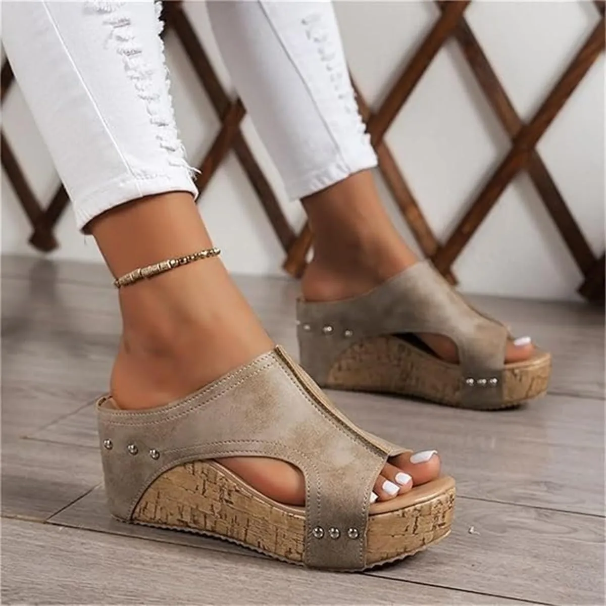 Lumi Cork Wedges & Platform Slides, Women's Thick Sole Slippers Comfy Leather Wedge Non-slip Sandals