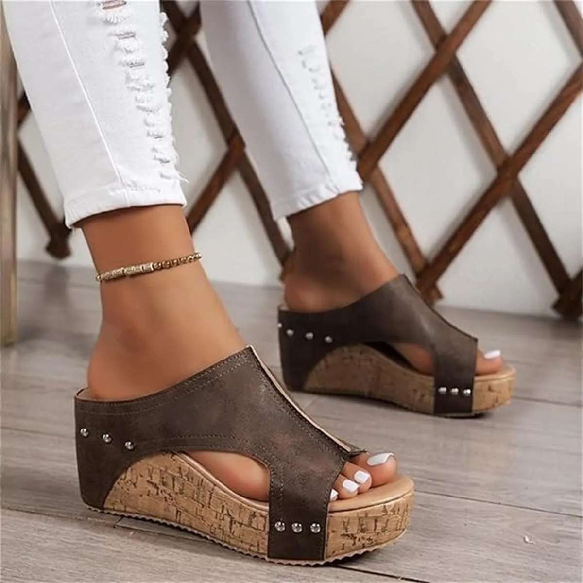 Lumi Cork Wedges & Platform Slides, Women's Thick Sole Slippers Comfy Leather Wedge Non-slip Sandals