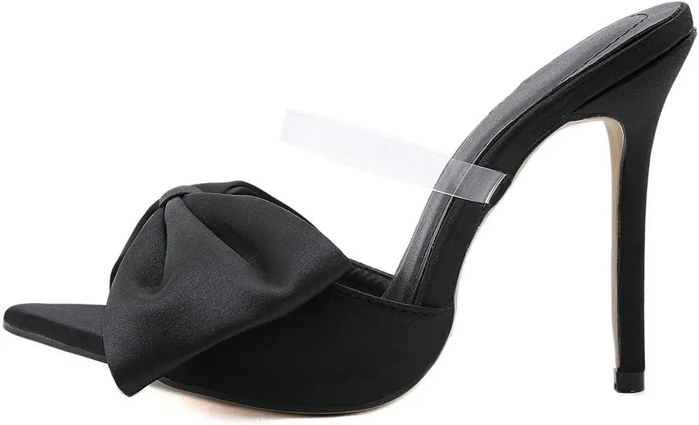 Meefit Women Stiletto Slides High Heels Mules Open Toe Slippers with Bow Sexy Transparent Slip On Sandals