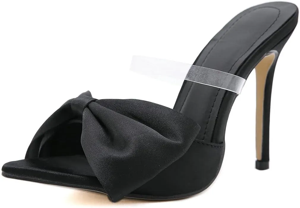 Meefit Women Stiletto Slides High Heels Mules Open Toe Slippers with Bow Sexy Transparent Slip On Sandals