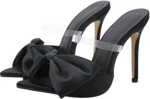 Meefit Women Stiletto Slides High Heels Mules Open Toe Slippers with Bow Sexy Transparent Slip On Sandals