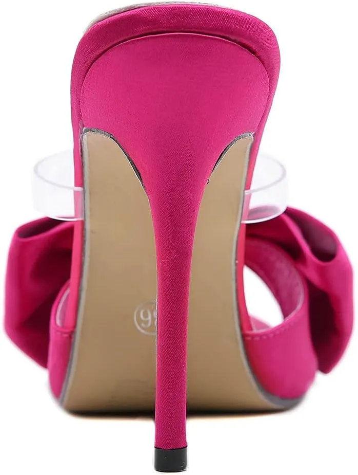 Meefit Women Stiletto Slides High Heels Mules Open Toe Slippers with Bow Sexy Transparent Slip On Sandals