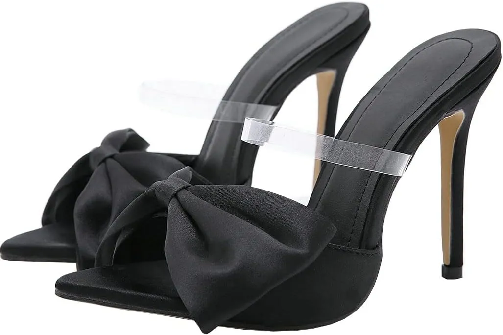 Meefit Women Stiletto Slides High Heels Mules Open Toe Slippers with Bow Sexy Transparent Slip On Sandals