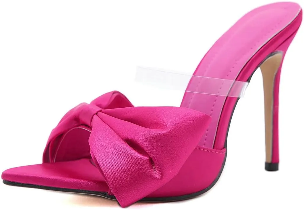 Meefit Women Stiletto Slides High Heels Mules Open Toe Slippers with Bow Sexy Transparent Slip On Sandals
