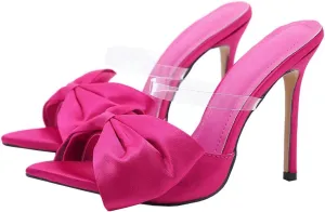 Meefit Women Stiletto Slides High Heels Mules Open Toe Slippers with Bow Sexy Transparent Slip On Sandals