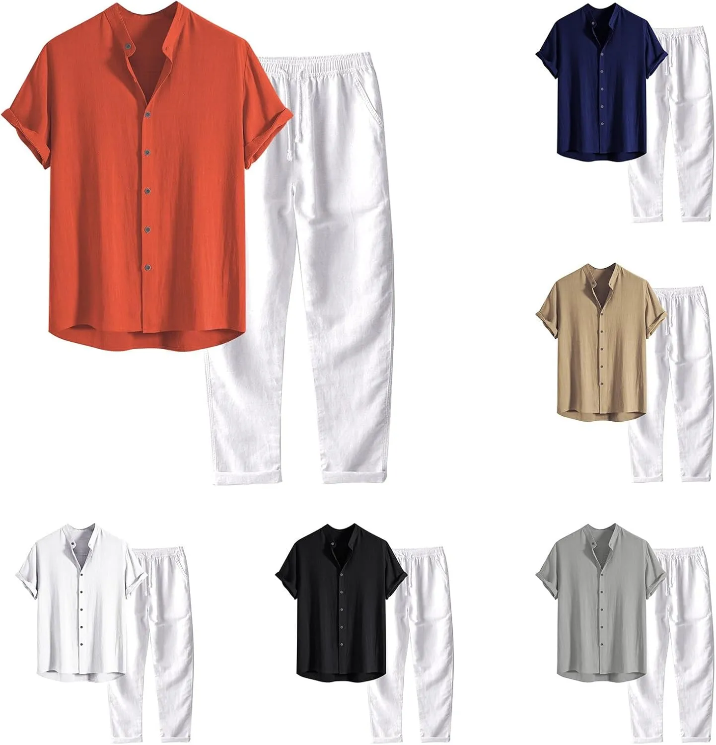 Men Summer Casual Linen Sets, Solid Color Breathable Short Sleeve Shirt & Elastic Pants, 2 Piece Outfits Beach Tracksuit