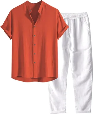 Men Summer Casual Linen Sets, Solid Color Breathable Short Sleeve Shirt & Elastic Pants, 2 Piece Outfits Beach Tracksuit