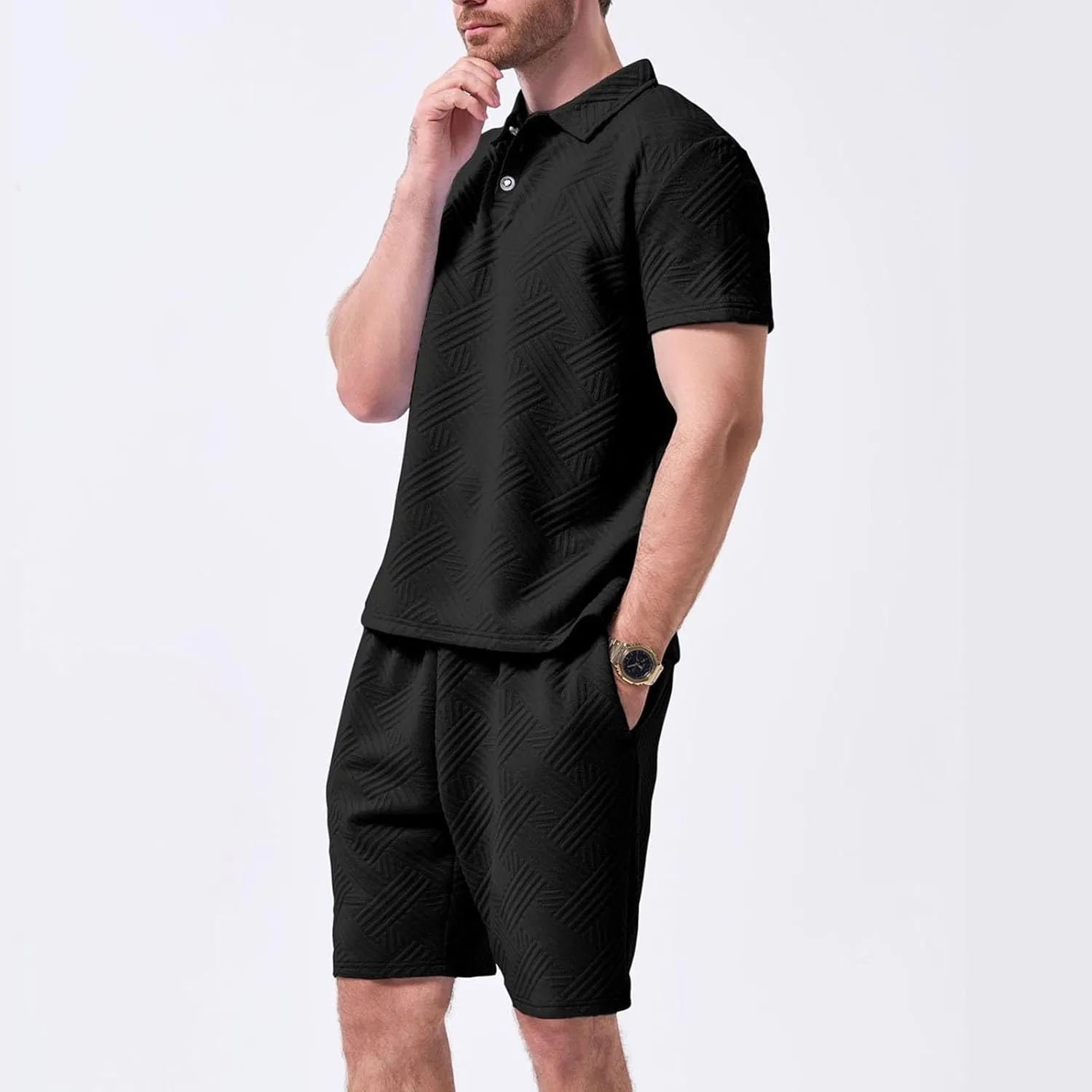 Men Summer Casual Short Sets Solid Color Short Sleeve Pocket Button Down Shirt Elastic Shorts 2 Piece Outfits Tracksuit