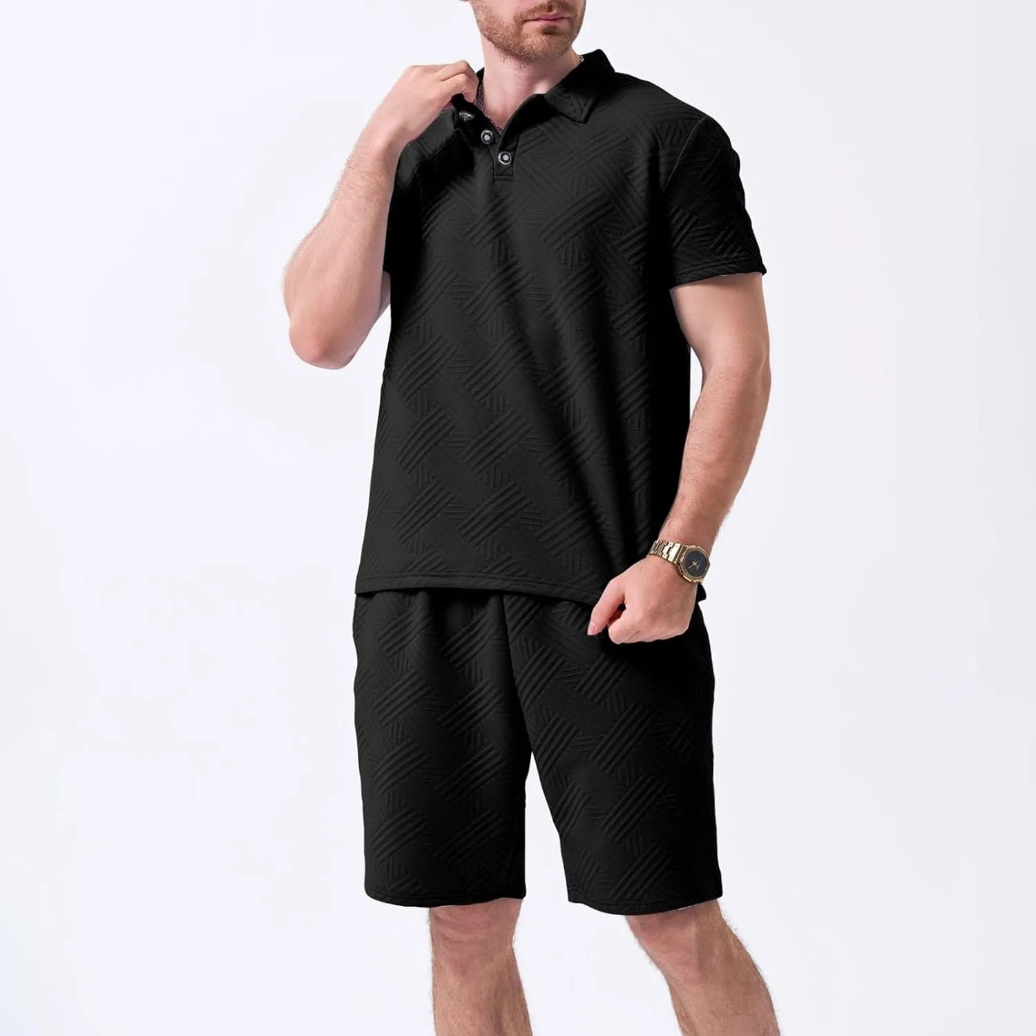 Men Summer Casual Short Sets Solid Color Short Sleeve Pocket Button Down Shirt Elastic Shorts 2 Piece Outfits Tracksuit