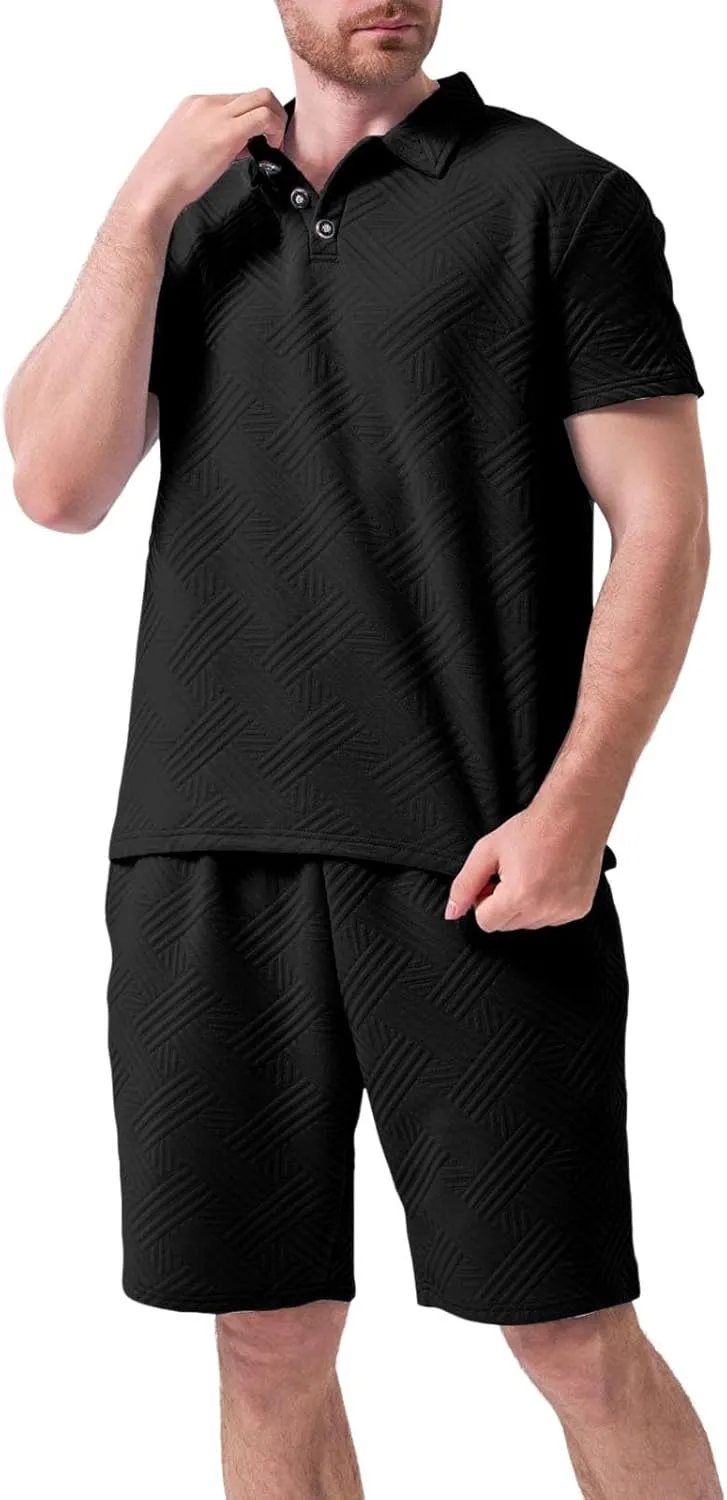 Men Summer Casual Short Sets Solid Color Short Sleeve Pocket Button Down Shirt Elastic Shorts 2 Piece Outfits Tracksuit