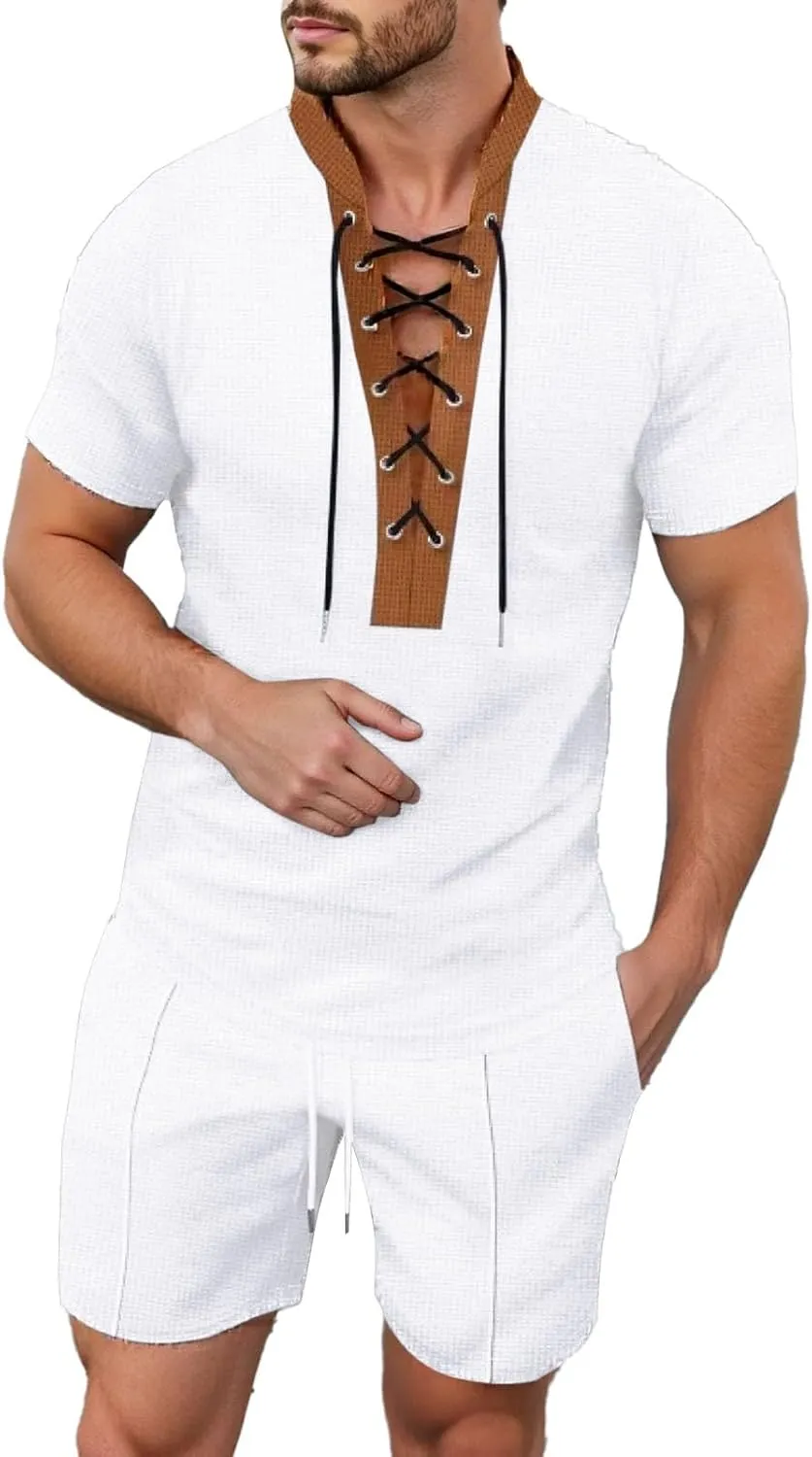 Men's 2 Piece Casual Summer Beach Drawstring Shirt Short Sleeve Solid Color Comfy Shirts and Shorts Yoga Outfits Sets
