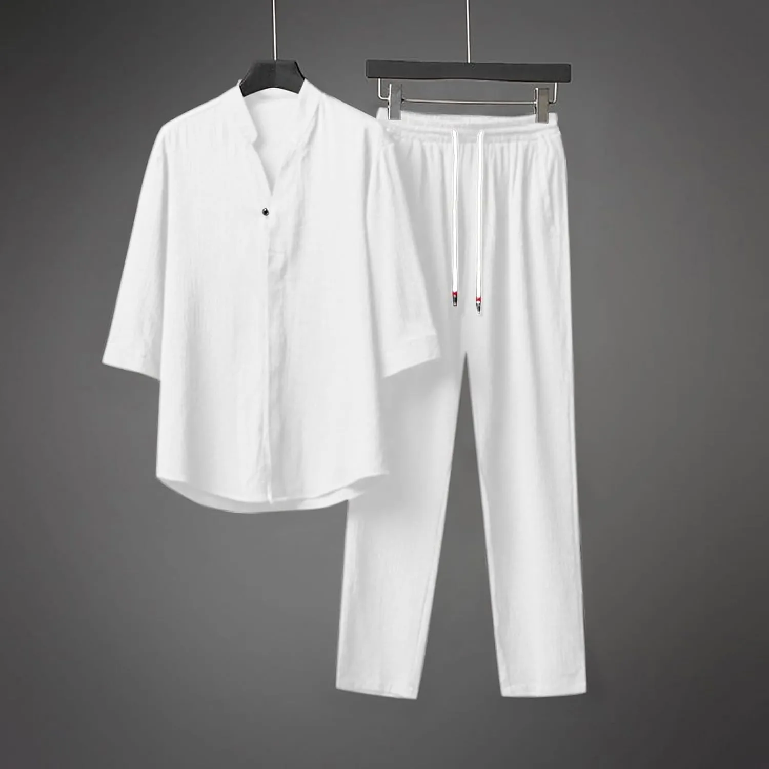 Men's 2 Pieces Linen Set, Summer Casual Breathable Henley Button Down Half Sleeve Shirts & Beach Yoga Long Pants Outfits
