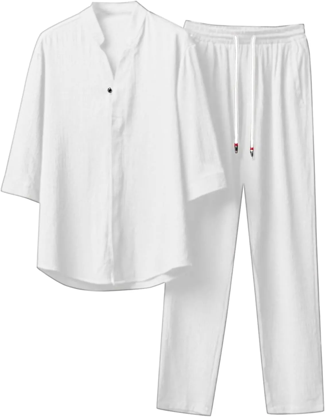 Men's 2 Pieces Linen Set, Summer Casual Breathable Henley Button Down Half Sleeve Shirts & Beach Yoga Long Pants Outfits