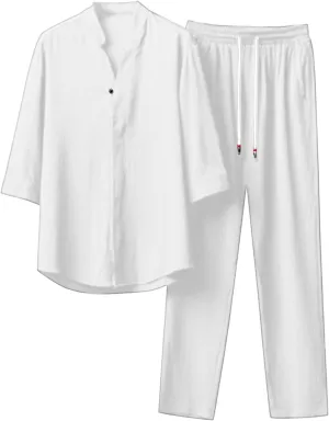 Men's 2 Pieces Linen Set, Summer Casual Breathable Henley Button Down Half Sleeve Shirts & Beach Yoga Long Pants Outfits