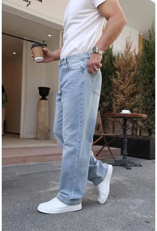 Men's Baggy Skate Jeans Plus Size Loose Straight Jeans Teen Boys Washed Denim Long Trousers Streetwear S-5XL