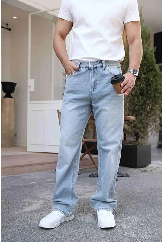 Men's Baggy Skate Jeans Plus Size Loose Straight Jeans Teen Boys Washed Denim Long Trousers Streetwear S-5XL