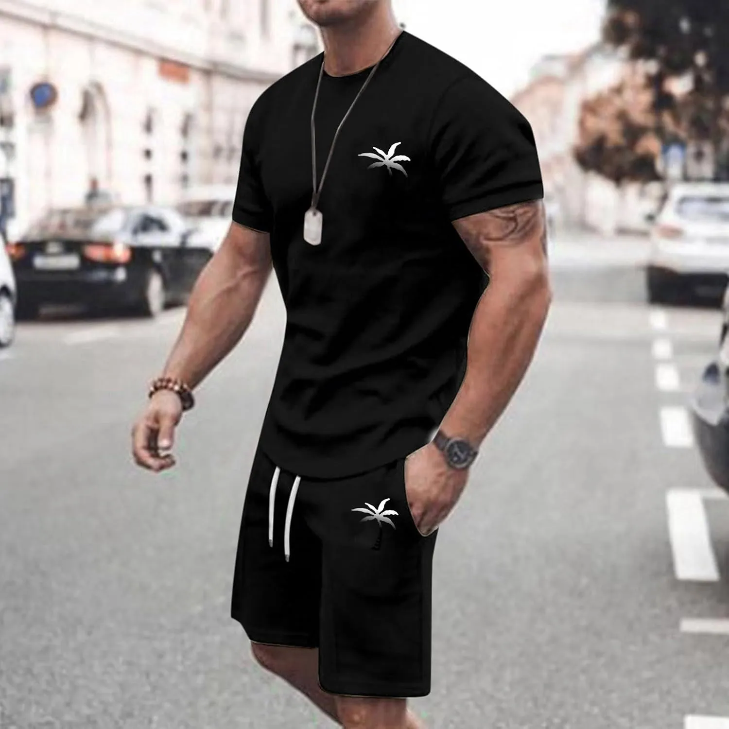 Mens Casual 2 Piece Outfits-Short Sleeve Athletic Set Oversize T-Shirts Drawstring Shorts Comfy Tracksuit Set Streetwear