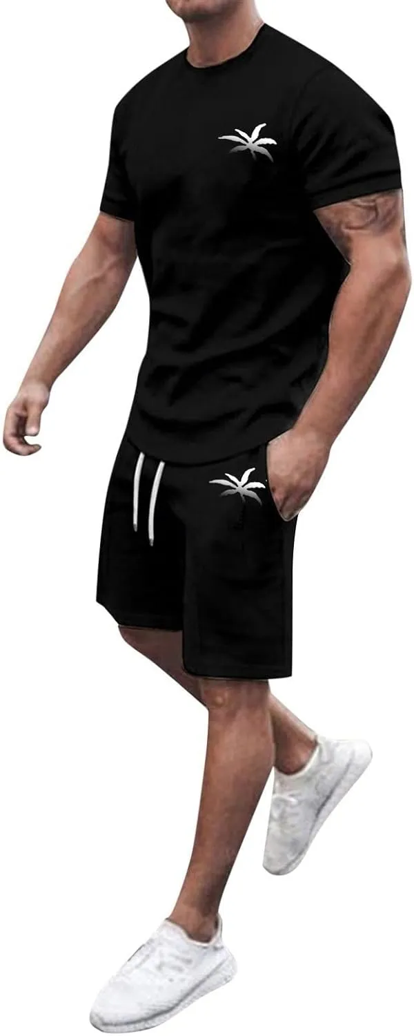 Mens Casual 2 Piece Outfits-Short Sleeve Athletic Set Oversize T-Shirts Drawstring Shorts Comfy Tracksuit Set Streetwear