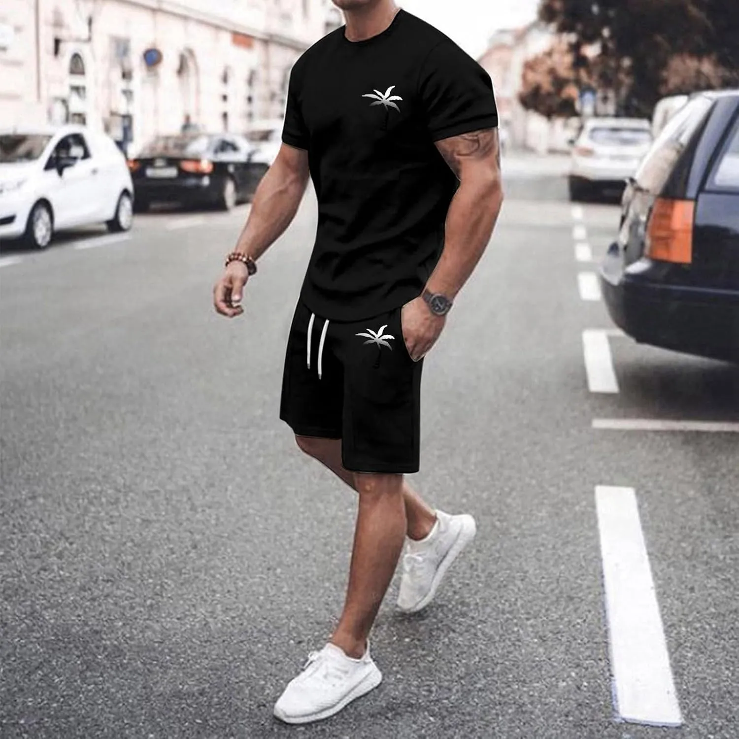 Mens Casual 2 Piece Outfits-Short Sleeve Athletic Set Oversize T-Shirts Drawstring Shorts Comfy Tracksuit Set Streetwear
