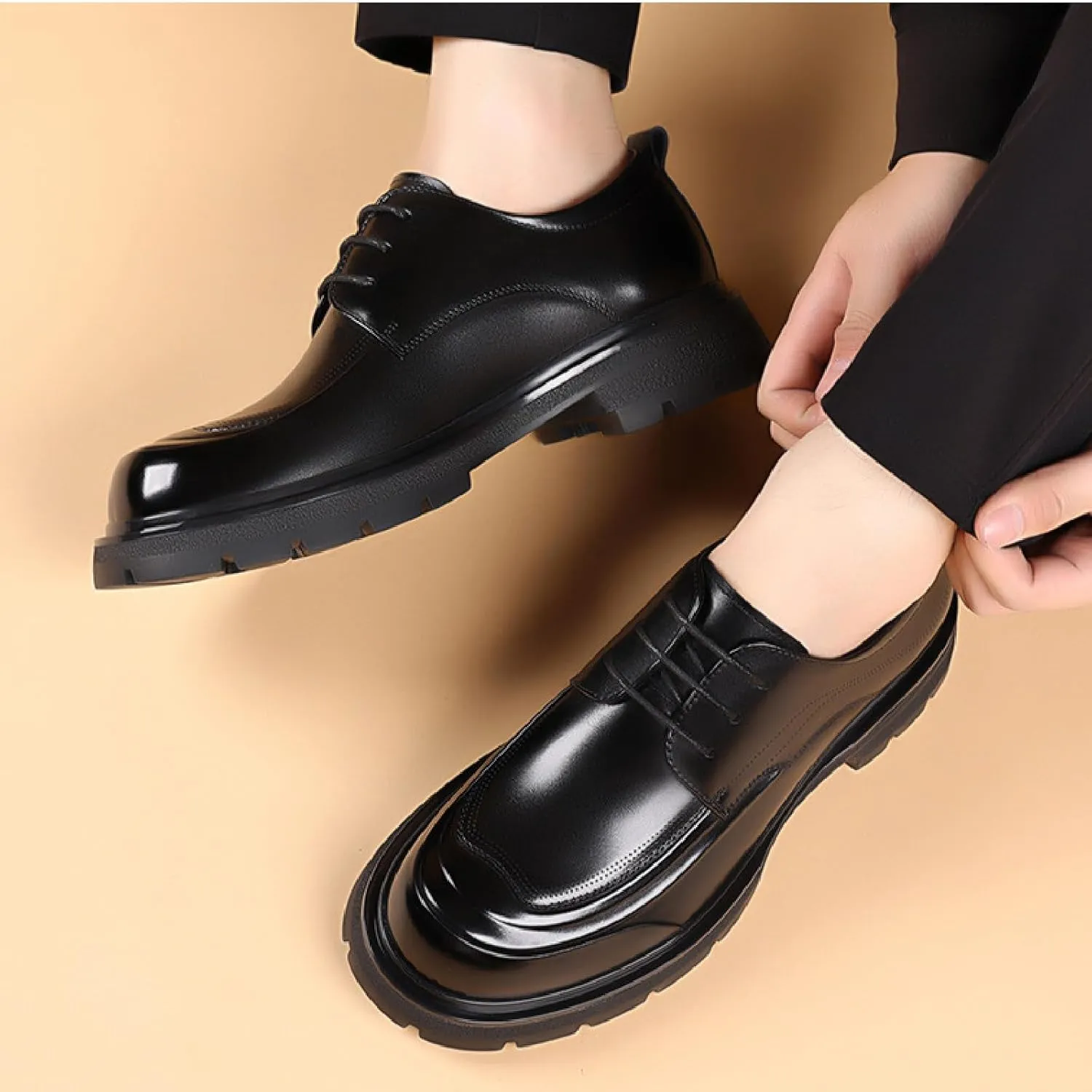 Men's Genuine Leather Platform Chunky Heel Oxfords Fashion Round Toe Slip On Lug Sole Business Dress Lace-Up Penny Loafers for Party Wedding Prom Work Shoes