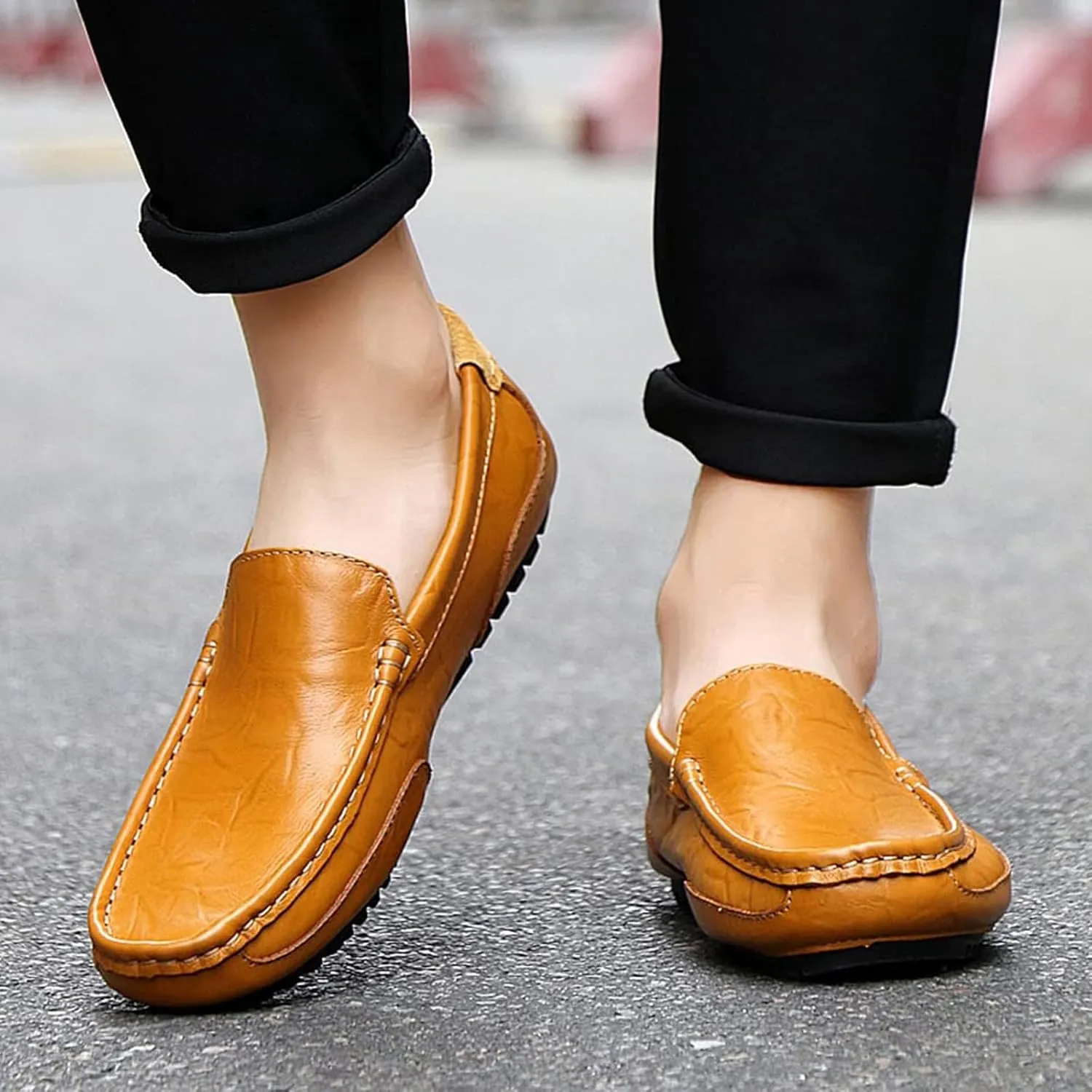 Men's Genuine Leather Square Toe Casual Slip On Loafers,Lightweight Comfortable Flat Moccasin Boat Shoes Casual Fashion Walking Driving Shoes