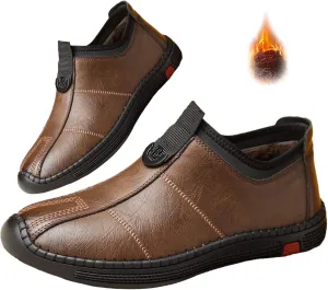 Mens Hand Stitching Leather Slip on Loafers Fashionable Cowhide Ankle Chukka Boots Thermal Velvet Invisible Height Increasing