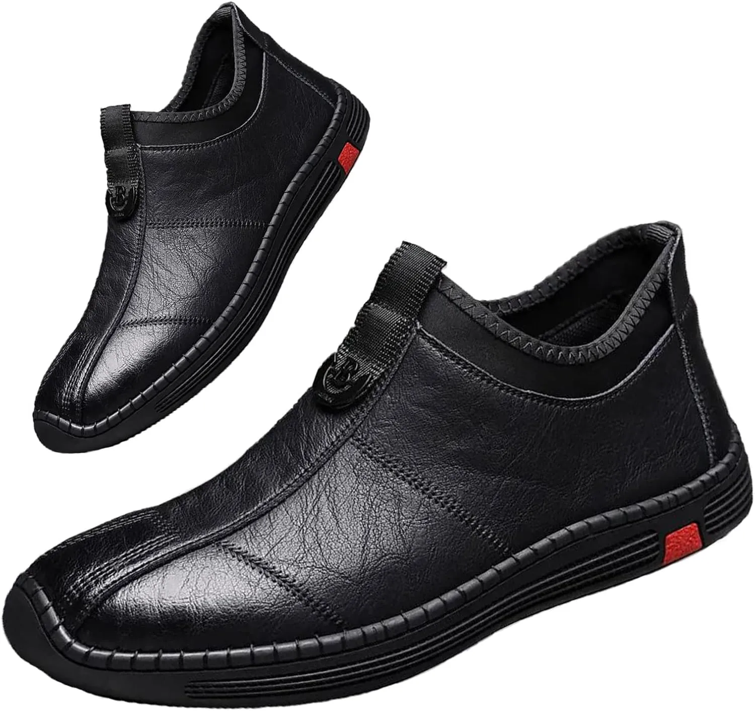 Mens Hand Stitching Leather Slip on Loafers Fashionable Cowhide Ankle Chukka Boots Thermal Velvet Invisible Height Increasing