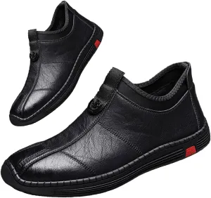 Mens Hand Stitching Leather Slip on Loafers Fashionable Cowhide Ankle Chukka Boots Thermal Velvet Invisible Height Increasing