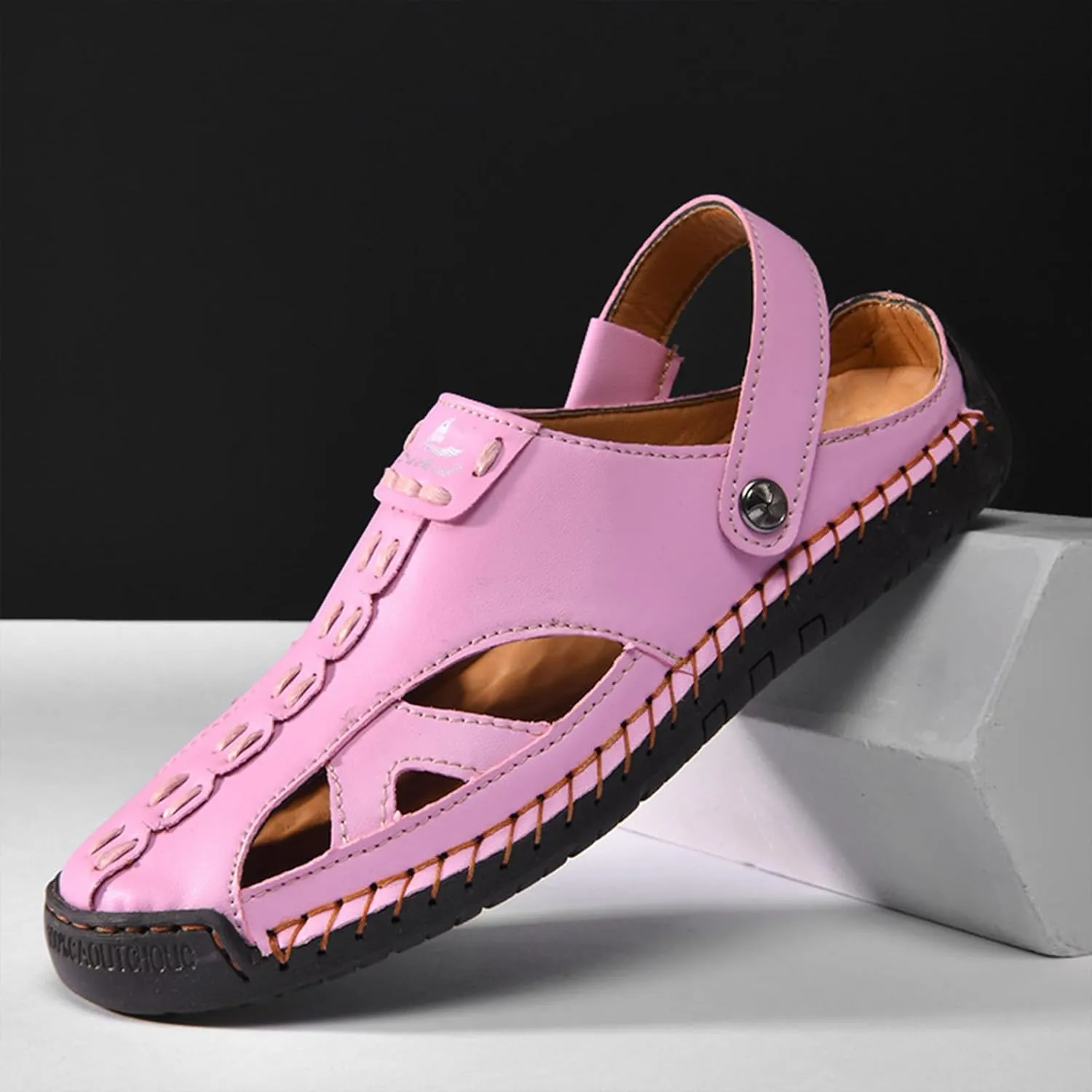 Men's Handmade Leather Fisherman Sandals - Closed Toe Slip-On Breathable Design with Non-Slip Sole Summer Outdoor Beach Shoes for Hiking & Casual 2-Way Wear