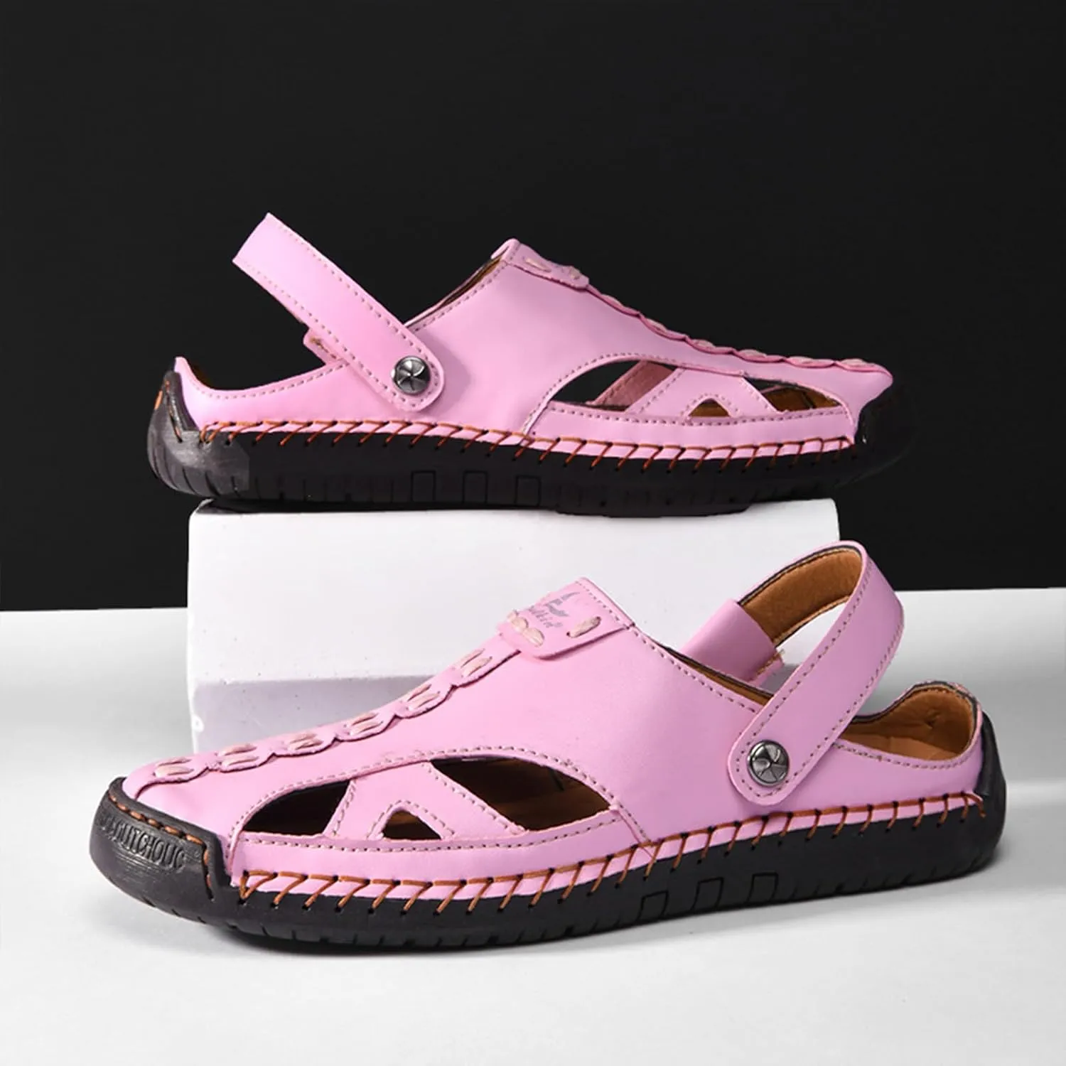 Men's Handmade Leather Fisherman Sandals - Closed Toe Slip-On Breathable Design with Non-Slip Sole Summer Outdoor Beach Shoes for Hiking & Casual 2-Way Wear