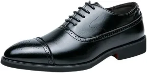 Men's Handmade Leather Oxford Dress Shoes, Lace-Up Breathable Formal Business Loafers Comfortable Height Increasing Casual Shoes for Office Wedding