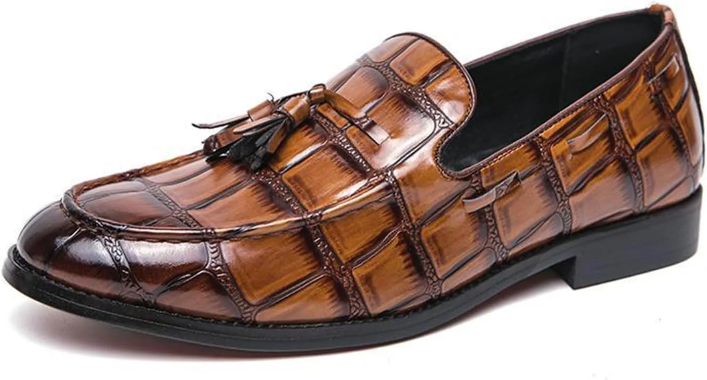 Men's Leather Chunky Heels Flat Brogues Loafers with Tassel Comfort Non-Slip Pointed Toe Thick Sole Slip-On Business Shoes for Work Casual Sports