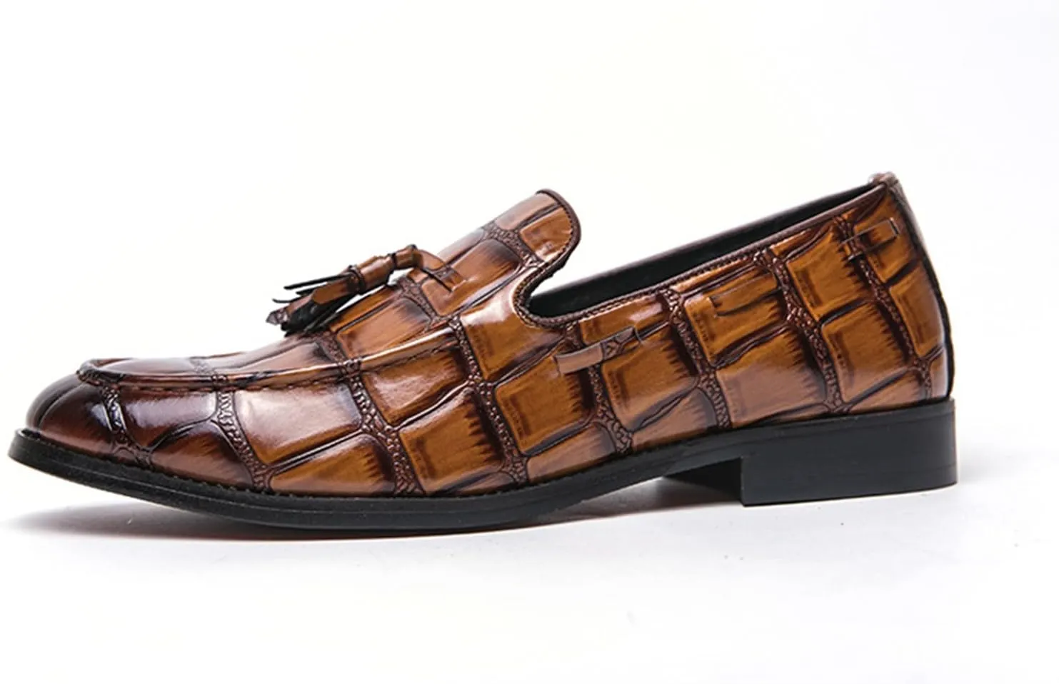 Men's Leather Chunky Heels Flat Brogues Loafers with Tassel Comfort Non-Slip Pointed Toe Thick Sole Slip-On Business Shoes for Work Casual Sports