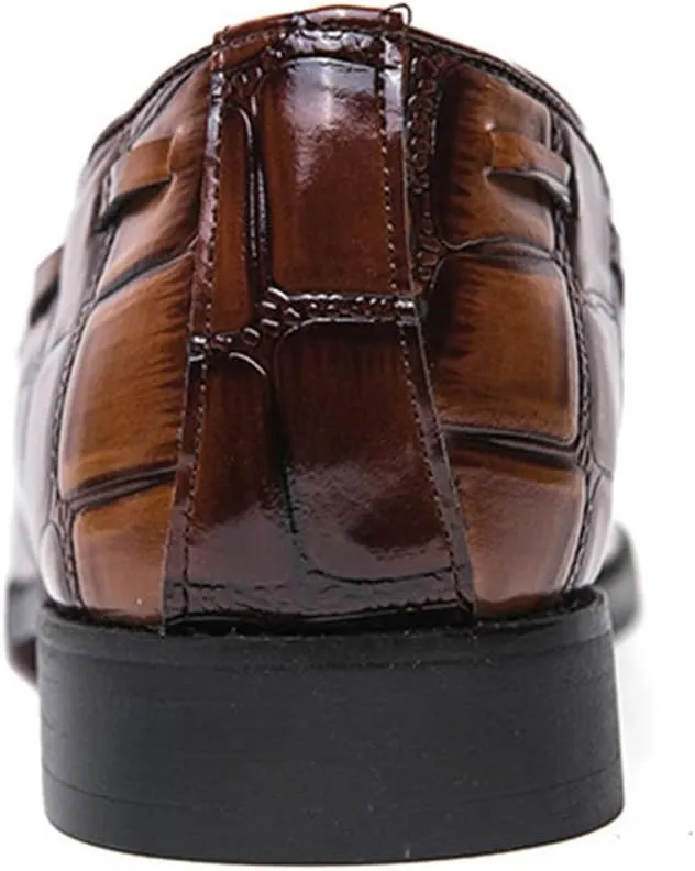 Men's Leather Chunky Heels Flat Brogues Loafers with Tassel Comfort Non-Slip Pointed Toe Thick Sole Slip-On Business Shoes for Work Casual Sports