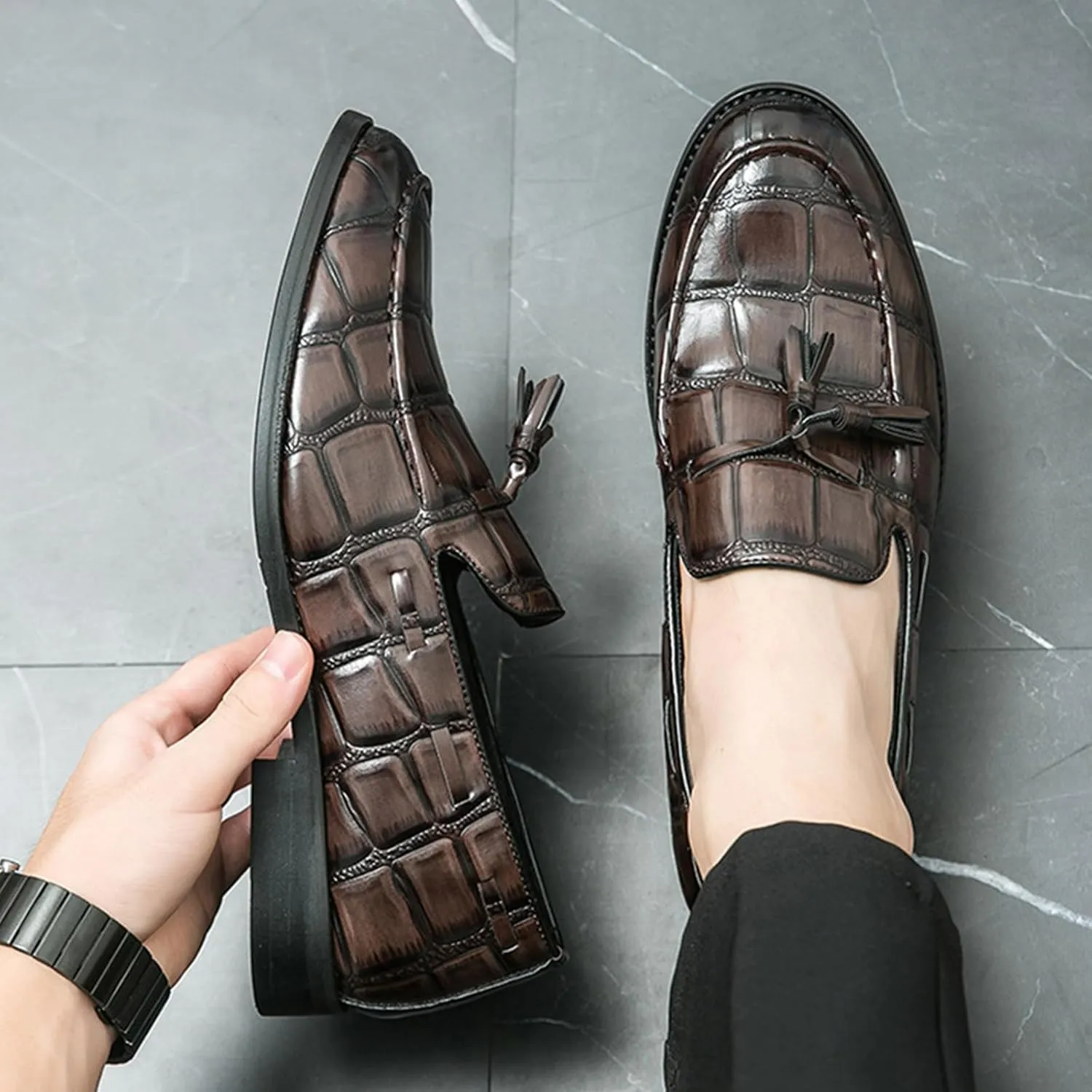 Men's Leather Chunky Heels Flat Brogues Loafers with Tassel Comfort Non-Slip Pointed Toe Thick Sole Slip-On Business Shoes for Work Casual Sports