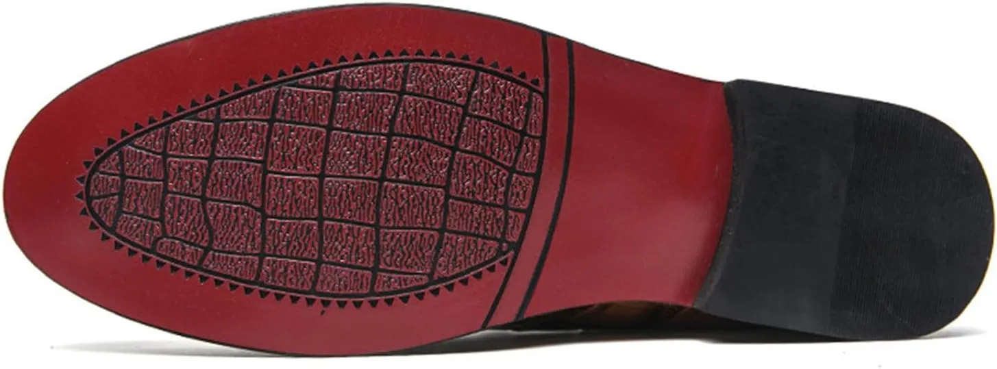 Men's Leather Chunky Heels Flat Brogues Loafers with Tassel Comfort Non-Slip Pointed Toe Thick Sole Slip-On Business Shoes for Work Casual Sports