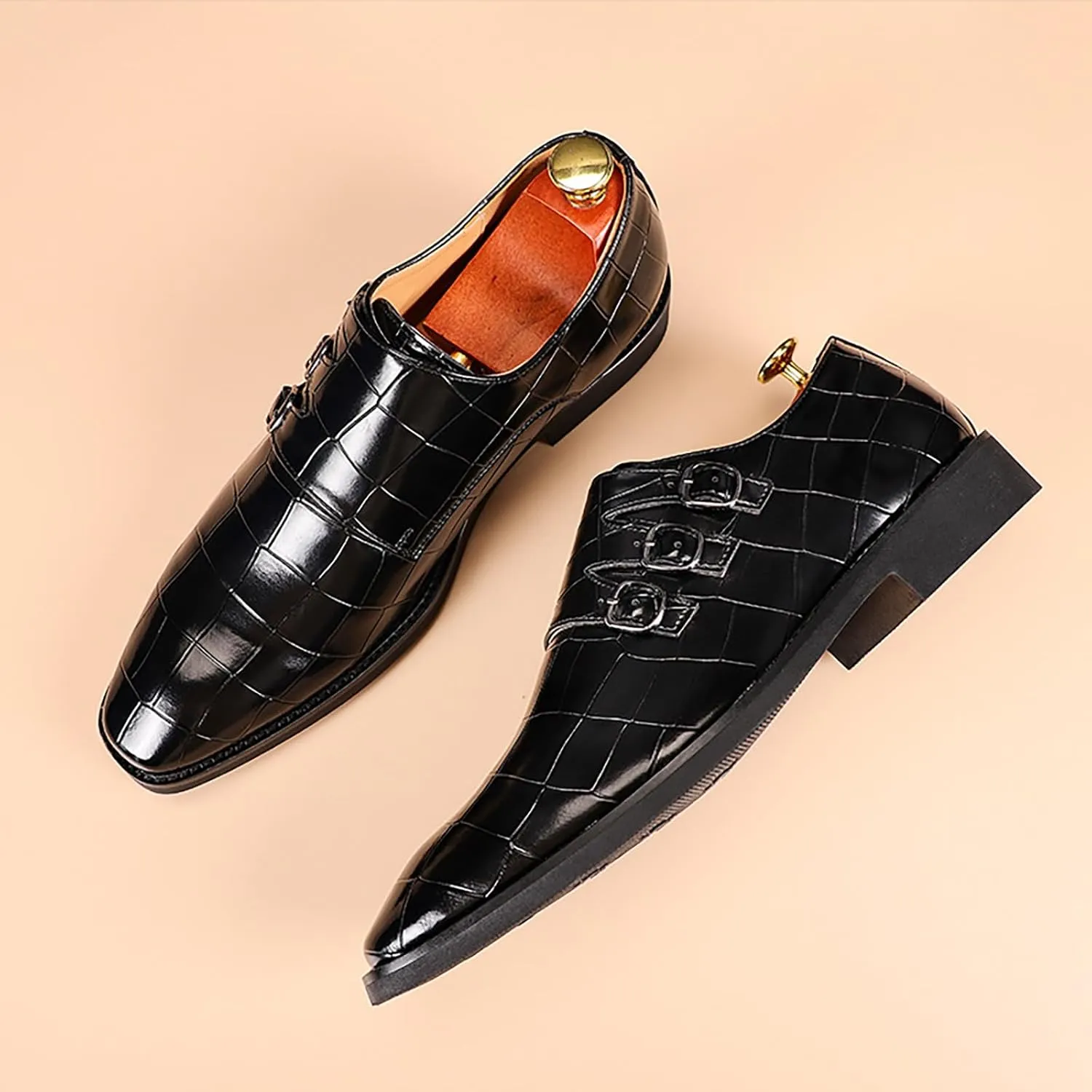 Men's Printed Oxford Dress Shoes,Fashion Metal Buckle Comfortable Pull-on Pointed-Toe Formal Shoes Business Wedding Slip-on Loafers for Men