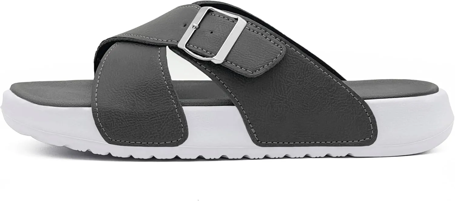 Men's Sandal Casual Crossband Slide Thick Sole Open Toe Slides EVA Indoor & Outdoor Beach Sandals with Adjustable Buckle Straps