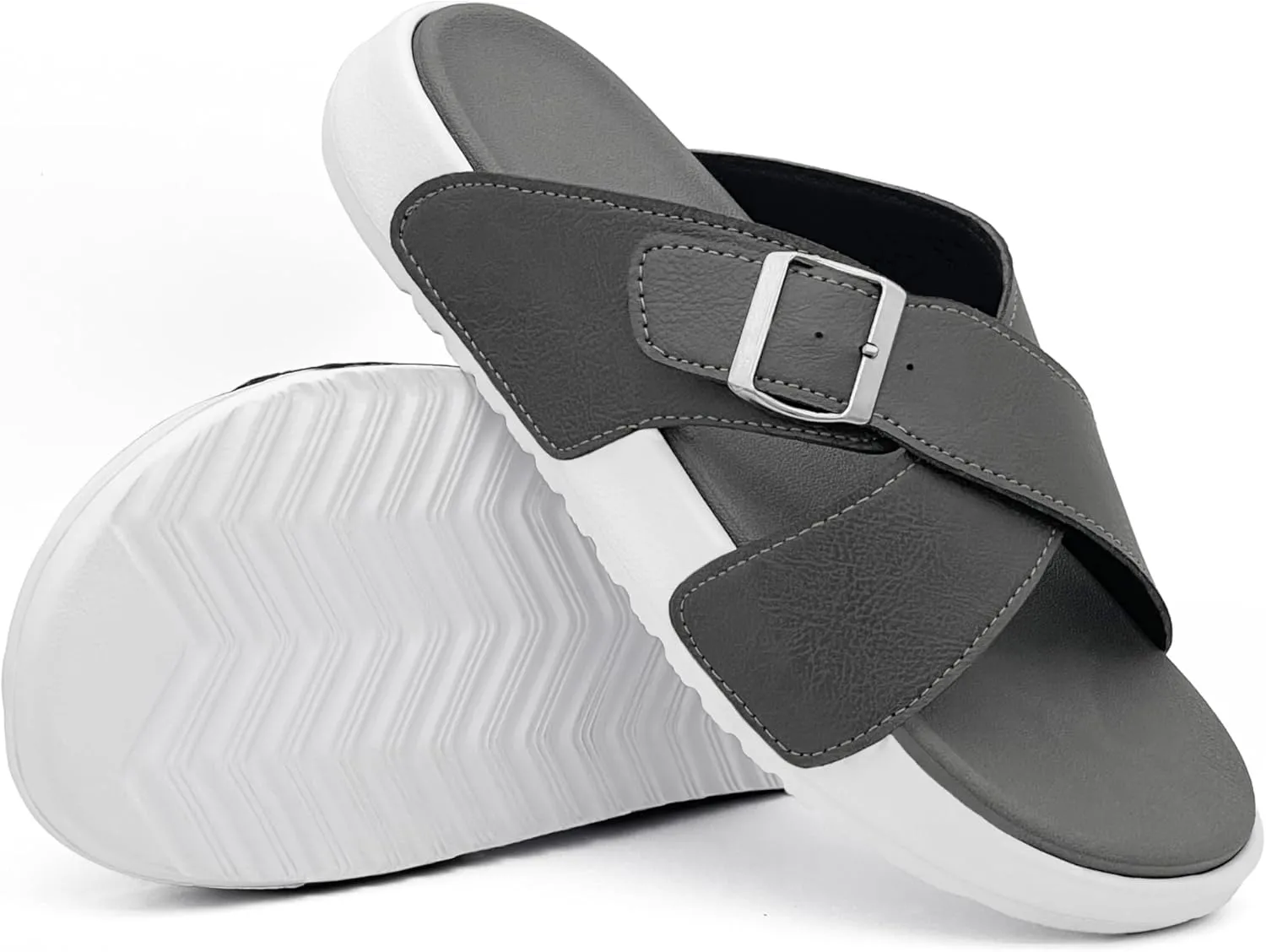 Men's Sandal Casual Crossband Slide Thick Sole Open Toe Slides EVA Indoor & Outdoor Beach Sandals with Adjustable Buckle Straps