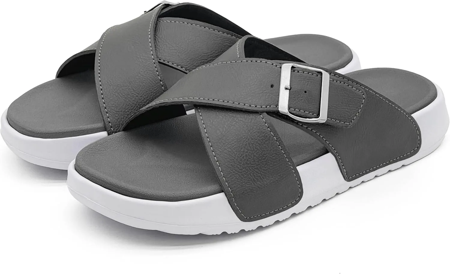 Men's Sandal Casual Crossband Slide Thick Sole Open Toe Slides EVA Indoor & Outdoor Beach Sandals with Adjustable Buckle Straps