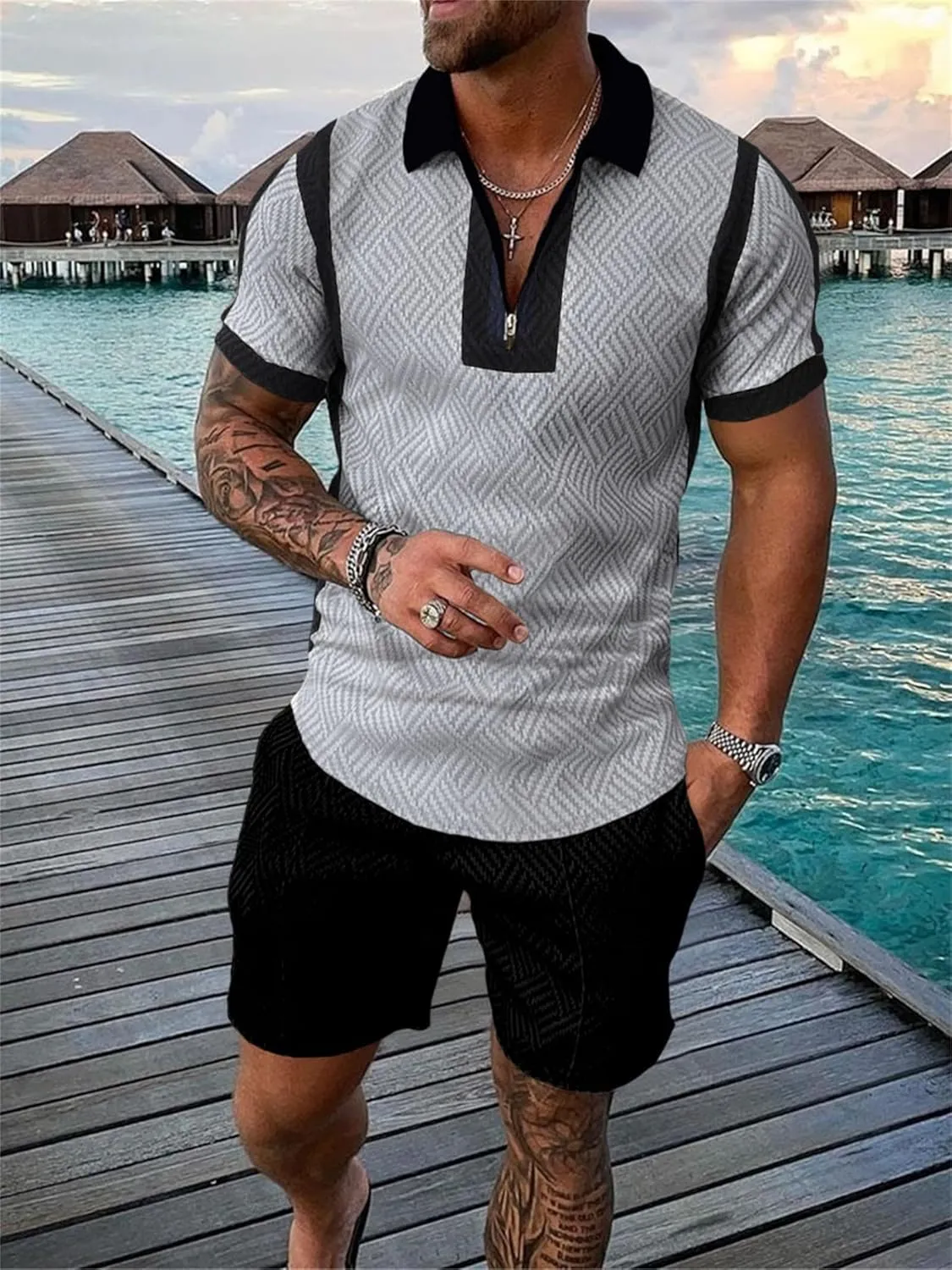 men's short sets outfits 2 piece summer tracksuit short sleeve polo shirt and shorts set casual sport suit
