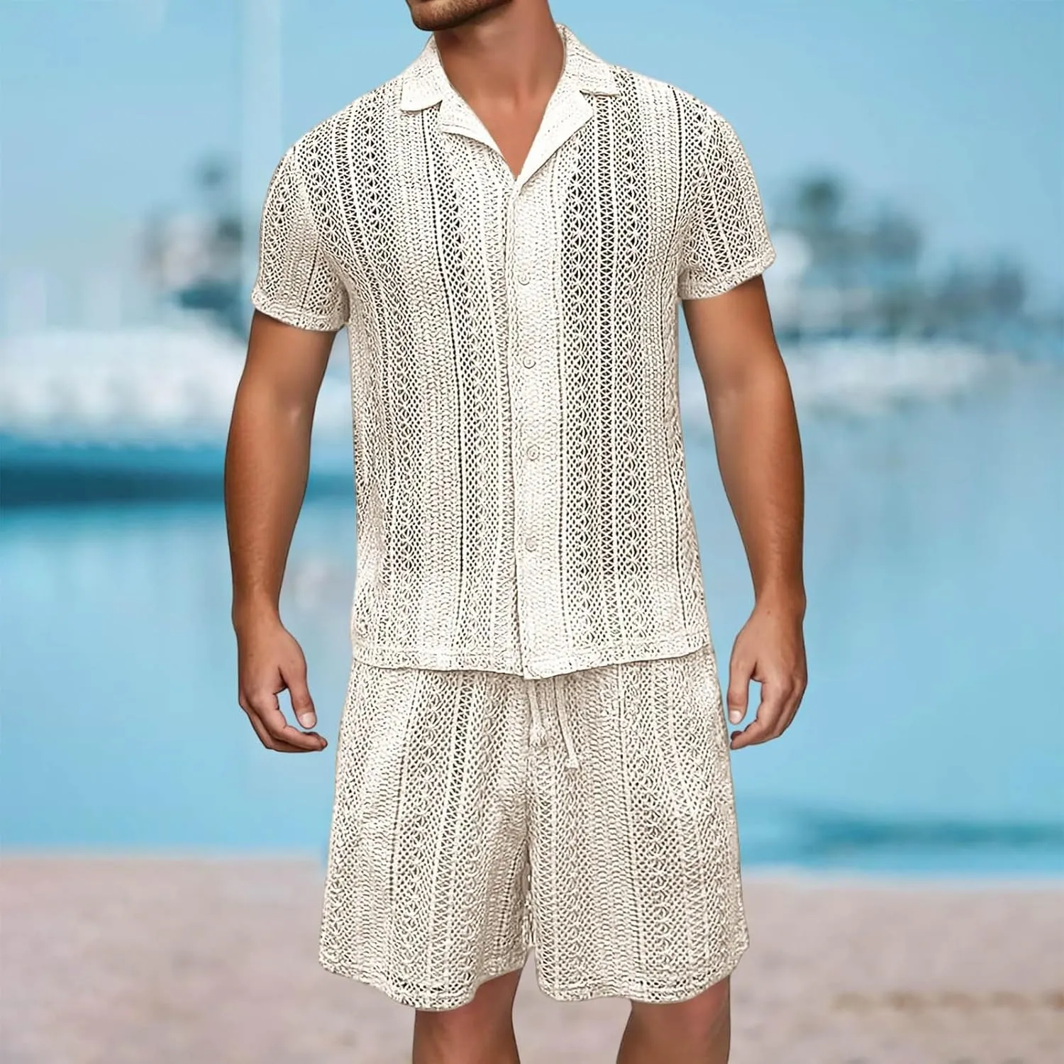 Mens Track Suits 2 Piece Outfits Summer Short Sleeve Casual Button Down Shirts & Shorts Set Breathable Beach Tracksuits