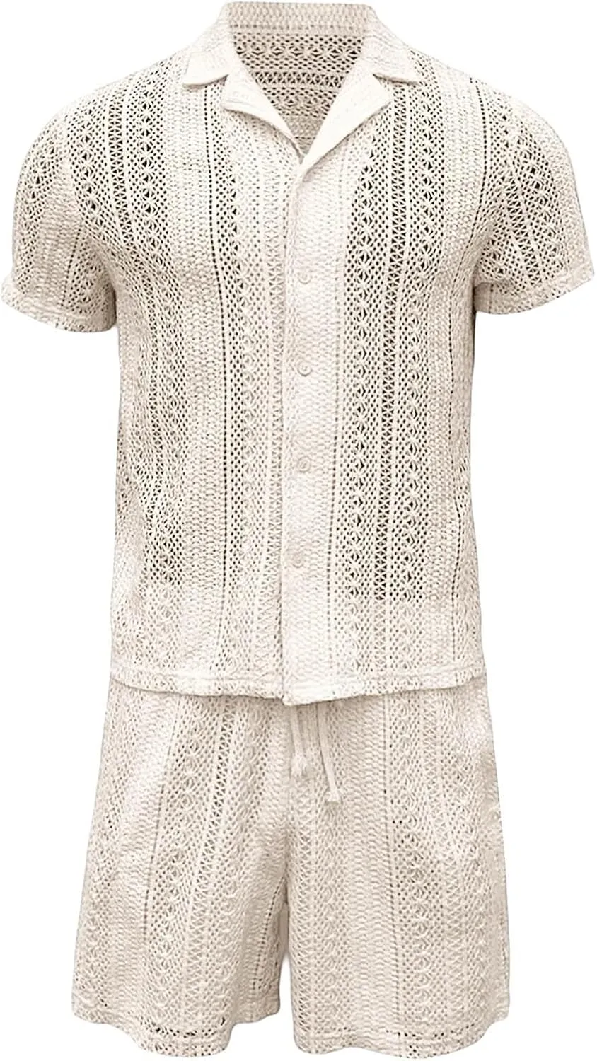 Mens Track Suits 2 Piece Outfits Summer Short Sleeve Casual Button Down Shirts & Shorts Set Breathable Beach Tracksuits